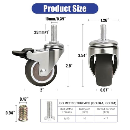 2 Inch Threaded Stem Caster Wheels, Metric M10 x 25MM Swivel Screw Set of 4 - style: 2 Inch