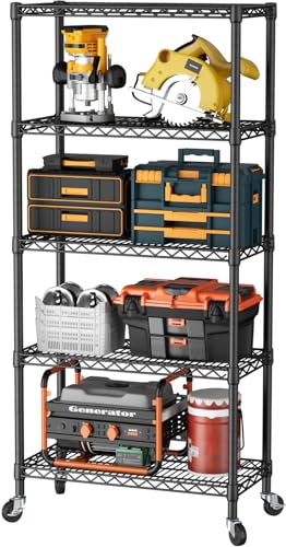 SINGAYE 5 Shelves Storage Wire Shelf Closet Metal Shelving Pantry Wheels - color: Black, size: 5Tier/14"D X 30"W X 70"H