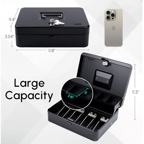 Cash Box with Money Tray and TOP Key & Push-Button Lock, Money Saving Lock Box, Safe Locking Box for Cash Register XL 11.8"x9.45"x3.54" Black - color: Black with top key