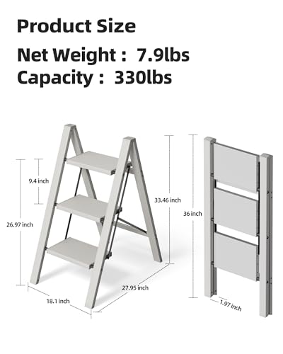HillhutApex 3 Step Stool Foldable Ladder,Aluminum Step Ladder - color: Gray