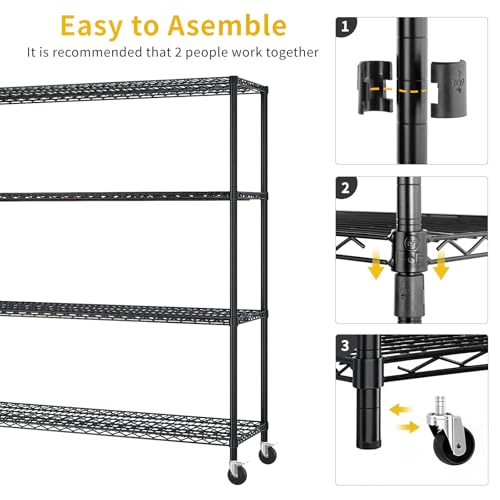 4-Tier Shelf, Adjustable Wire Metal Rack Shelving, Heavy Duty Standing Storage Shelves, Garage, Kitchen, Office, Bathroom, Shelfs Easy Assembly, 59" W x 23.6" D x 75.6" H Wheels, Black - color: Black, size: 4-tier 59.06"W x 23.62"D x 75.59"H Wheels