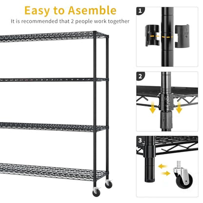 4-Tier Shelf, Adjustable Wire Metal Rack Shelving, Heavy Duty Standing Storage Shelves, Garage, Kitchen, Office, Bathroom, Shelfs Easy Assembly, 59" W x 23.6" D x 75.6" H Wheels, Black - color: Black, size: 4-tier 59.06"W x 23.62"D x 75.59"H Wheels