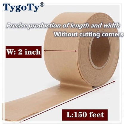 Water Activated Gummed Reinforced 2" x 150 Feet Kraft Paper Packaging Brown Packing Box Moving Tape,Sealing Fiberglass Eco-Friendly and Recyclable Package Tape