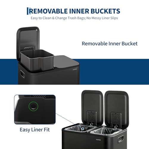 2x8 Gal Dual Compartment Stainless Steel Kitchen Trash Can with Lid, 30L+30L Recycling Garbage Bin, Soft Close Foot Pedal Trash Bin with 2 Removable Inner Buckets, Fingerprint Resistant for Home Offic - color: Black, size: 2x8 Gal