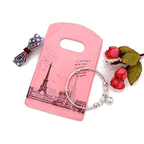Joyhey 100 Count 3.5" x 5.9" Small Plastic Merchandise Bags, Shopping Bags, Retail Bags, Gift Bags with Die Cut Handles - Pink Eiffel Tower (More Patterns Available) - color: Pink Eiffel Tower