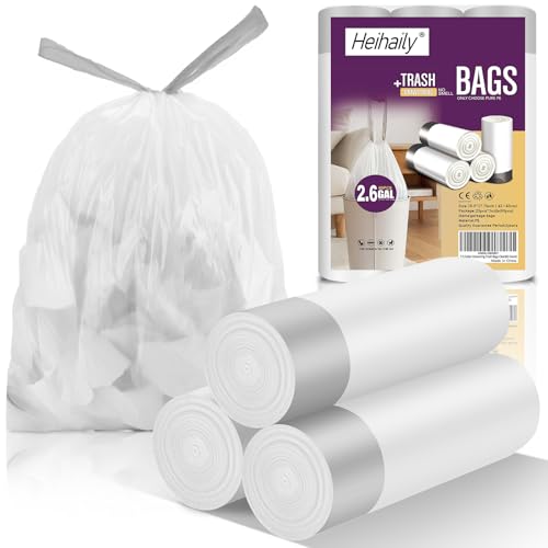 2.6 Gallon Small Trash Bags, Heihaily 60 Count Clear Drawstring Garbage Bags with Leak-Proof Bottom for Bathroom, Office & Bedroom, 16.9 x 17.7 Inch Heavy Duty Plastic Waste Bags - color: 2.6Gal white 60 Counts