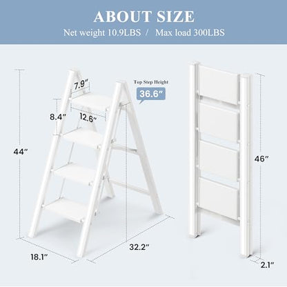 4 Step Ladder, Foldable Aluminum Step Stool with Anti-Slip Pedal - color: White, size: 4 Step