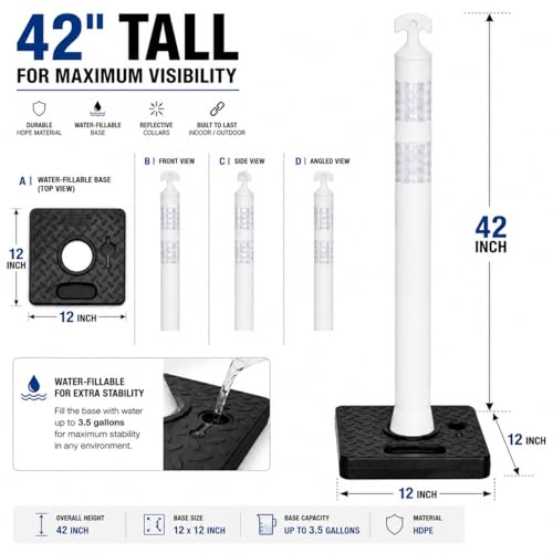 BESEA 6 Pack 42 Inch Traffic Delineator Cones with Water-Fillable Base - color: White, size: 42"- Waterfilled Base