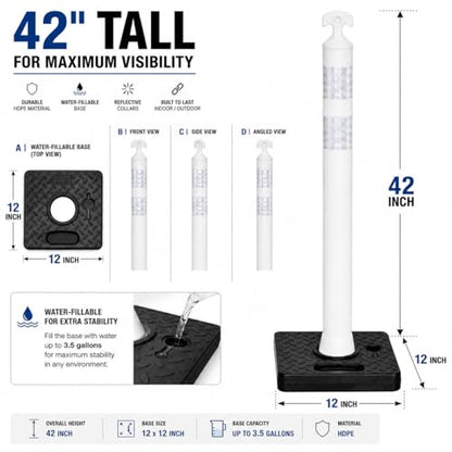 BESEA 6 Pack 42 Inch Traffic Delineator Cones with Water-Fillable Base - color: White, size: 42"- Waterfilled Base