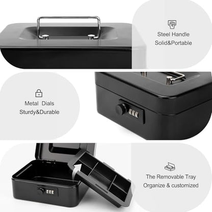 Jssmst Cash Box with Money Tray and Combination Lock - Secure Medication Lock Box for Home and Office Use, 7.87'' x 6.3'' x 3.54'' - Durable and Reliable Security Solution - color: Black, size: Medium