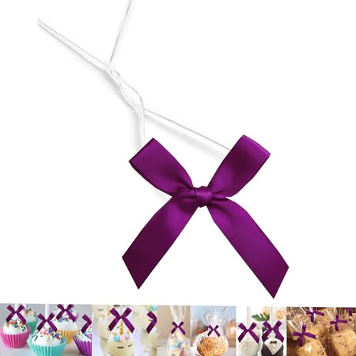 50 Pack 3" Ribbon Twist Tie Bows, Pre Tied Bows for Gifts, Bow Ties for Bags, Twist Bows for Treats, Bow Twist Ties, Bows with Twist Ties, Pretied Bows for Lollipops, Cake Pops(Dark Purple) - color: Dark Purple, size: 50 Pack
