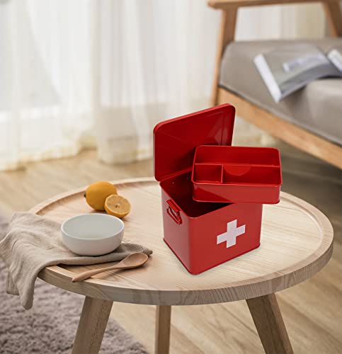 First Aid Kit, First Aid Medicine Supplies Bin - 2-Tier Metal Medicine Storage Tin, First Aid Box with Removable Tray for Home Emergency Tool Set-Red