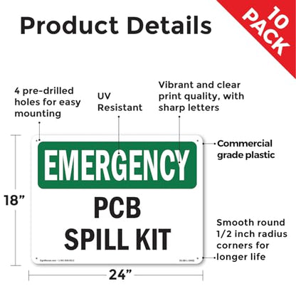 PCB Spill Kit OSHA Emergency Rigid Plastic Sign 24 Inch x 18 Inch - 10 Pack - color: Plastic, size: 10 Pack of 24" x 18"