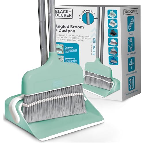 BLACK+DECKER Butler Broom & Dustpan Set - Short Handle, Stand-Up Design - Lightweight, Space-Saving Combo for Kitchen, Living Room, Bathroom, Lobby Floors - Home Cleaning Essential, Teal/Grey