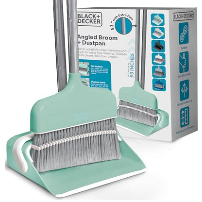BLACK+DECKER Butler Broom & Dustpan Set - Short Handle, Stand-Up Design - Lightweight, Space-Saving Combo for Kitchen, Living Room, Bathroom, Lobby Floors - Home Cleaning Essential, Teal/Grey
