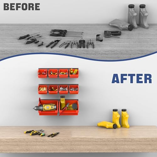 WALMANN Wall Mount Storage Bins for Small Parts, 10 Bins with 3 Metal Rails - color: Orange-red