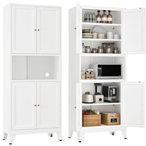 YAUWOH 69" Tall Metal Kitchen Pantry Cabinet with Microwave Shelf, 4 Doors & 3 Adjustable Shelves, Heavy Duty Food Storage Cabinet with Anti-Tip Design for Kitchen,Dining Room (1PC,White) - color: White, size: 69"H 4 Door 0 Drawer-Embossed Door