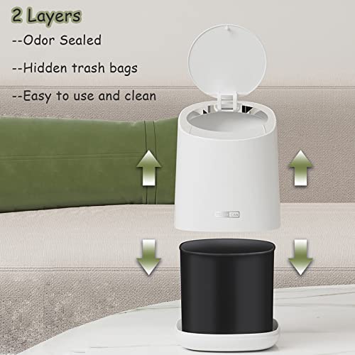 Mini Desktop Trash Can with 90 Trash Bags, Press-Type Countertop Wastebasket with Lid, Small Plastic Garbage Can for Bathroom Bedroom Living Room Dressing Table(White)