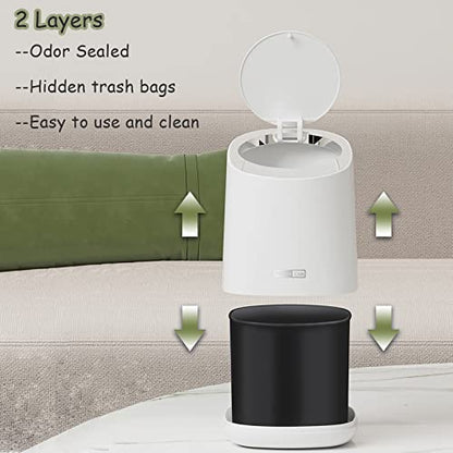Mini Desktop Trash Can with 90 Trash Bags, Press-Type Countertop Wastebasket with Lid, Small Plastic Garbage Can for Bathroom Bedroom Living Room Dressing Table(White)