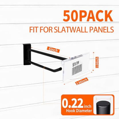 Heavy Duty 6" Slatwall Hooks with Label Holder, 50 Pack Double-Bar Black Metal Slatwall Panel Hangers for Retail Shop Garage Display - size: 6inch-50pcs