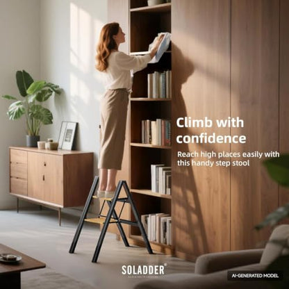 SOLADDER 2 Step Ladder, Folding Step Stool, Black & Woodgrain - color: Black&woodgrain, size: 2 Step