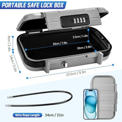 Portable Travel Safe Lock Box 4-Digit Combination Mini Safe Box, Anti-Theft Beach Security Lockbox Waterproof Small Lockable Box with Removable Wire Rope for Dorm Beach Hotel Car Home Office - color: Grey