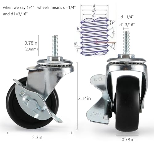 2 inch,Casters Set of 4,Caster Wheels 1/4 inch Threaded Stem,Wheels for Wire Shelving Racks,Leveling Casters,Replacement Wheels for Rolling Cart,Cart Wheel,Shelf Wheel,Caster