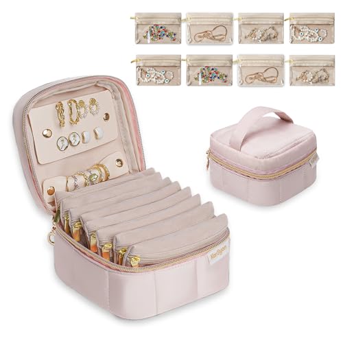 KarSyon Travel Jewelry Case Organizer Boxes with 8 Velvet Zipper Pouches - color: Pink, size: Small