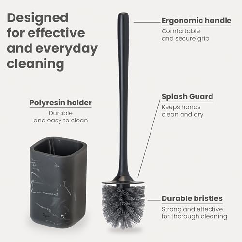Vigar Zense Toilet Brush and Holder Set, Polyresin Stone, Black Marble - color: Black Marble
