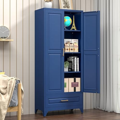 Polup 75" Metal Storage Cabinet, Tall Kitchen Pantry Cabinet with 1 Drawer - color: Blue, size: 75"H - 1 Drawer