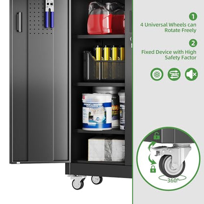 71 in. Garage Storage Cabinet with Wheels, 5 Shelves, Black - color: Black, size: 16"D x 32"W x 71"H
