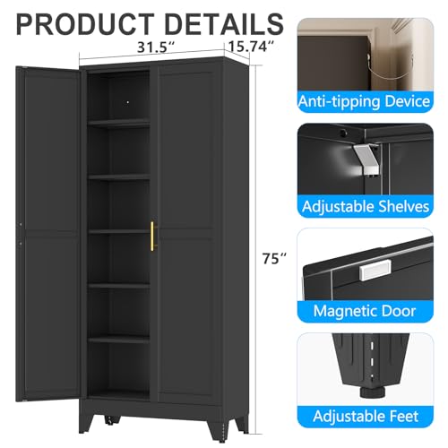 pozdeg 75" Black Steel Tall Garage Storage Cabinet - color: Black, size: 15.74"D x 31.5"W x 75"H