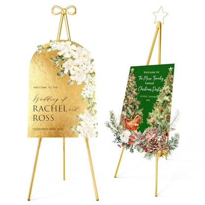 Interchangeable Bow & Star Top Gold Easel Stand for Sign, 62"–47" Height Adjustable Heavy Duty Wedding Easel Stand with 3 Display Modes — Perfect for Welcome Signs, Christmas Decor, Parties & Events