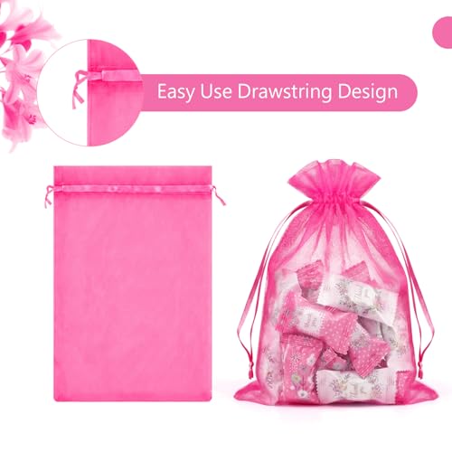 FUNFERY 100Pcs Hot Pink Organza Bags 5x7 in,Small Mesh Drawstring Gift Bag - color: Classic Hot Pink