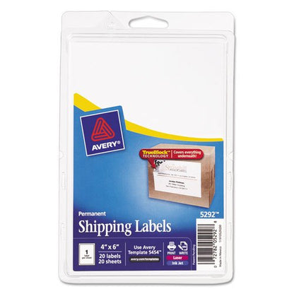 Avery Printable Shipping Labels, 4" x 6", White, 20 Blank Address Labels (05292) - size: 1 Count (Pack of 1)