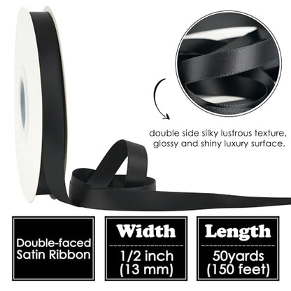 HUIHUANG 1/2 inch Black Double-Faced Satin Ribbon Continuous 50 Yards - color: Black, size: 1/2 inch