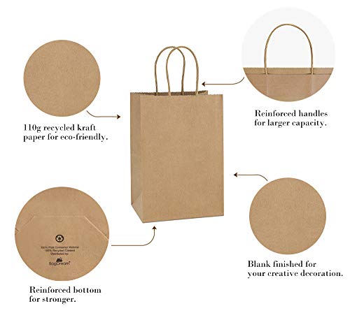 BagDream Gift Bags with Handles 5.25x3x8 Inch Small Brown 100 Pack Bulk - color: Brown