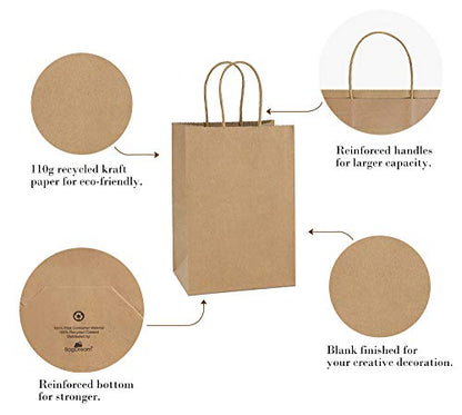 BagDream Gift Bags with Handles 5.25x3x8 Inch Small Brown 100 Pack Bulk - color: Brown