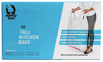 Hippo Sak - Tall Kitchen Garbage Bags with Ergonomic Handles - 13 Gallon Trash Bags - Super Strong, Patented Reinforced Bottom and Leak Proof Tall Kitchen Trash Bags - Heavy Duty Trash Bags (90 Count) - size: 90 Count (Pack of 1)