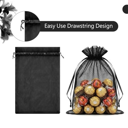 FUNFERY 100Pcs Black Organza Bags 5x7 in,Small Mesh Drawstring Gift Bag - color: Classic Black