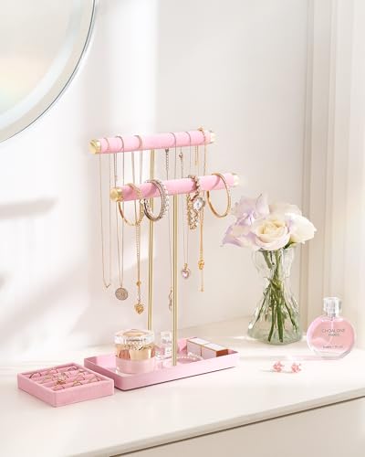 Lolalet 2-Tier Necklace Holder Display, Jewelry Stand with Ring Tray -Pink - color: Pink