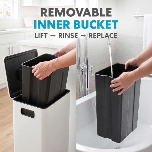 SIMPLI-MAGIC Infinity Edge 13 Gallon (50L) Kitchen Trash Can - Hands-Free Step Pedal, Soft-Close Lid, Stainless Steel Garbage Can with Inner Bucket, Fingerprint-Resistant Finish, White Cloud - color: White, size: 13 Gallon
