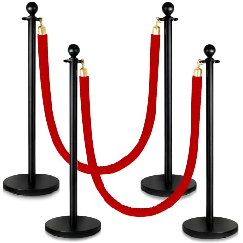 4 Pack Stanchions Post with Velvet Rope, Metal Posts with Weighted Base, Heavy Duty Crowd Control Barriers & Poles for Red Carpet, Movie Theater, Event, Party Supplies, Red - color: Metal-Red (Upgraded)