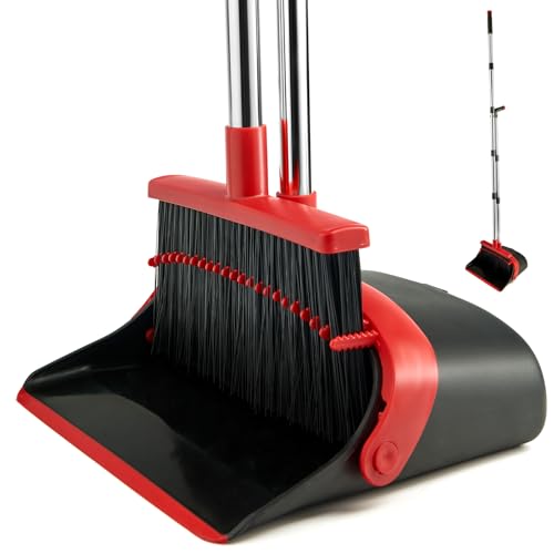 Broom and Dustpan Combo Set,Long Handle,Black Red - color: Black Red 1-pack