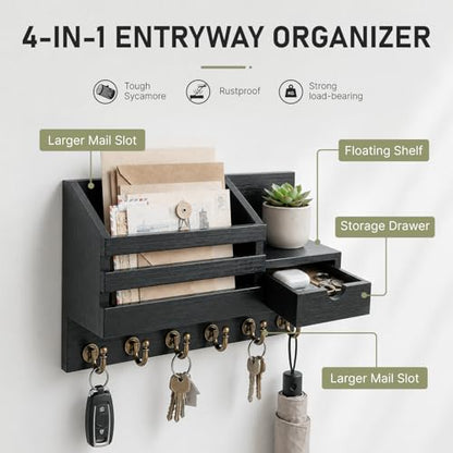 FifthQuarter Key Holder Wall Mount with Drawer and 6 Sturdy Hooks, A-Black - color: A-Black