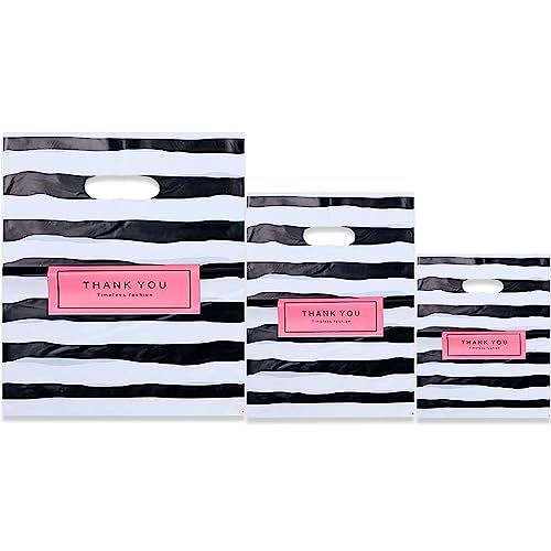 Thank You Merchandise Bags,100pcs 3 Size Mixed Plastic Retail Shopping Bags,Small Business Bag,Die-Cut Bags, Reusable Thank You Gift Bags with Handle