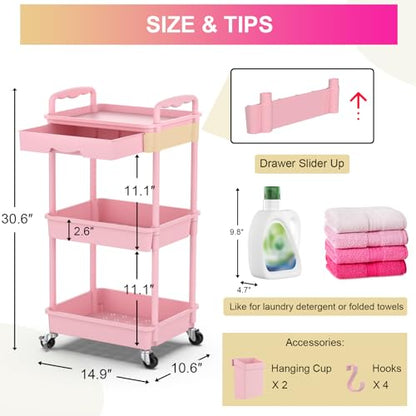 Goovilla 3 Tier Rolling Utility Cart Organizer with Removable Drawer, Pink - size: 3 Tier, style: Pink