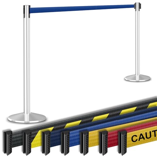 Commercial-Grade Stanchion 2-Pack by Visiontron – RETRACTA-Belt Prime (Model P100PS1) 10’ Retractable Belt Barrier - Heavy Base Crowd Control Barrier (Polished Stainless Steel w/Blue Belt) - color: Polished Stainless Steel Post w/ Blue Belt