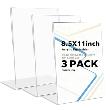CHILDLION 3 Pack Acrylic Sign Holder 8.5x11 Inches, L-Shape Acrylic Stands for Flyers, Clear Display Holder, Documents, Office, Restaurants, Vertical Sign Holder (3 Pack 8.5*11) - size: 3 Pack 8.5*11