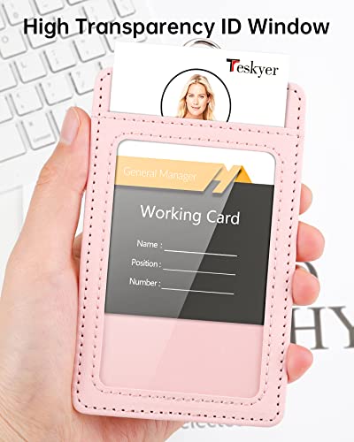 Teskyer Leather ID Badge Holder with Lanyard, Vertical Starry Pink - color: Starry Pink, size: Vertical